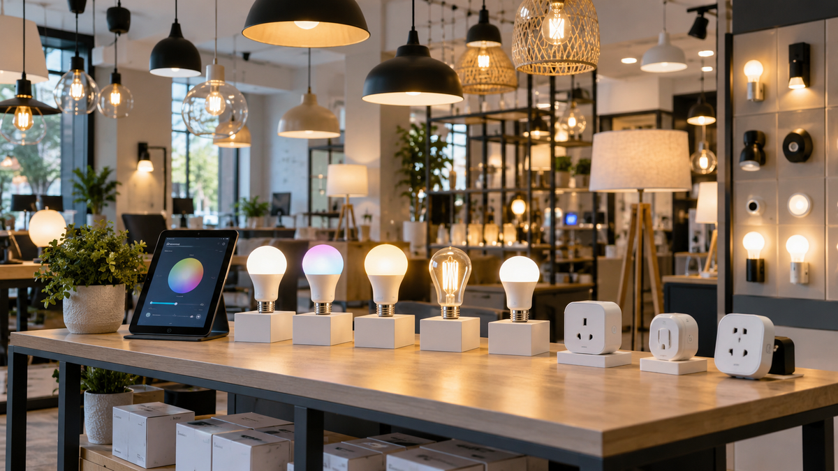 Unbranded smart bulb packages and sample fixtures in a generic local lighting shop