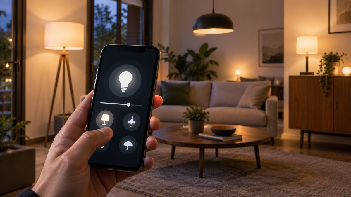 Generic smartphone interface controlling unbranded smart lights in a modern room without visible text