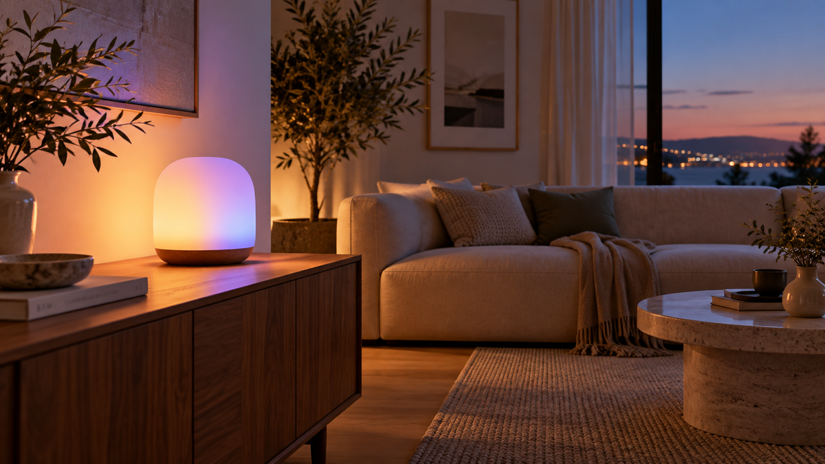 Unbranded smart mood lamp casting soft diffused colors across a calm modern room