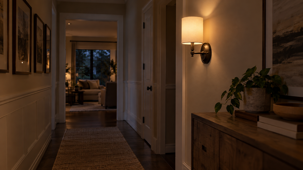 Unbranded dimmed smart bulb providing gentle night illumination in a hallway