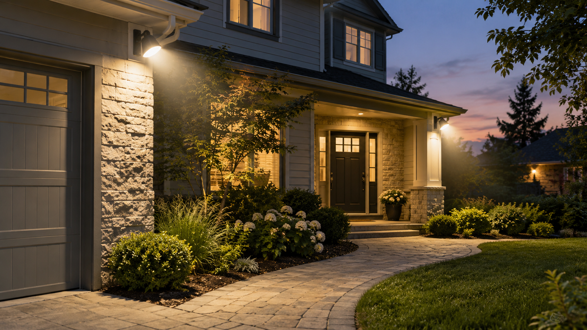 Unbranded smart flood light bulbs illuminating a generic home exterior at dusk
