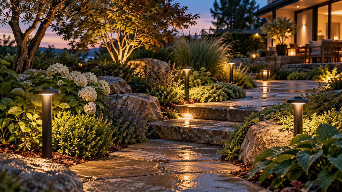 Unbranded smart outdoor garden lamps lighting a landscaped path after dusk