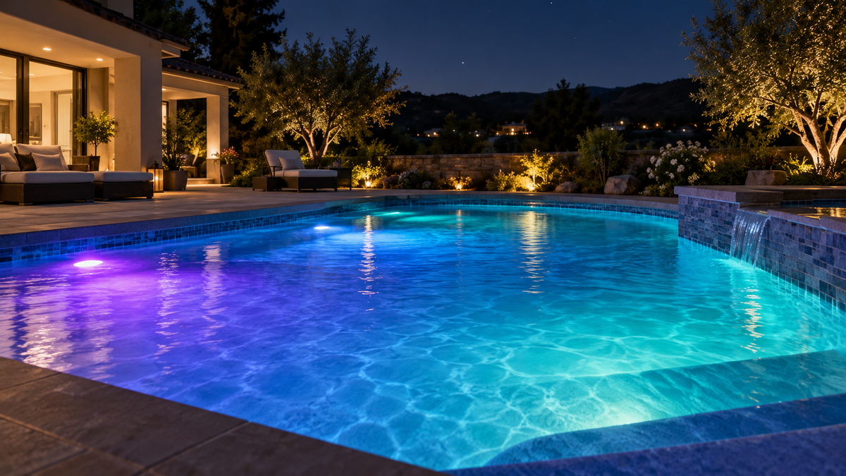 Smart pool lights creating colorful underwater illumination