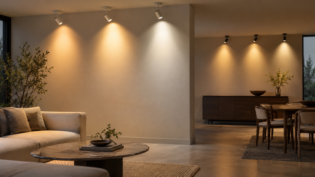 Unbranded smart spot light bulbs creating focused pools of light on a neutral interior wall