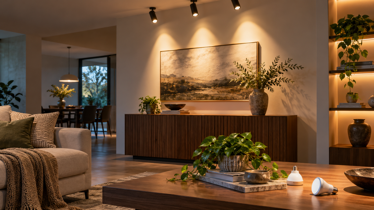 Smart spotlight bulbs creating focused beams in a modern interior