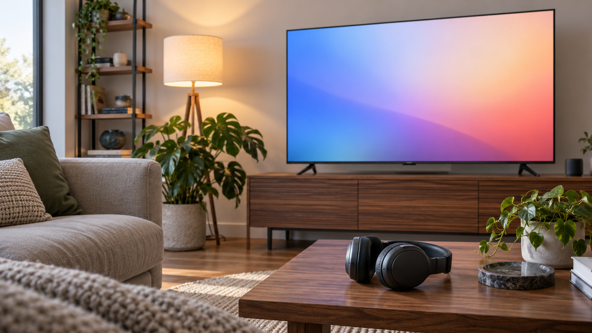 Bluetooth headphones placed in front of a smart television