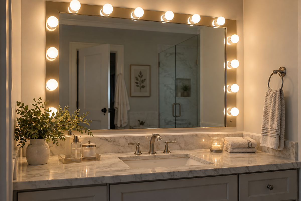 Unbranded smart vanity bulbs evenly illuminating a bathroom mirror