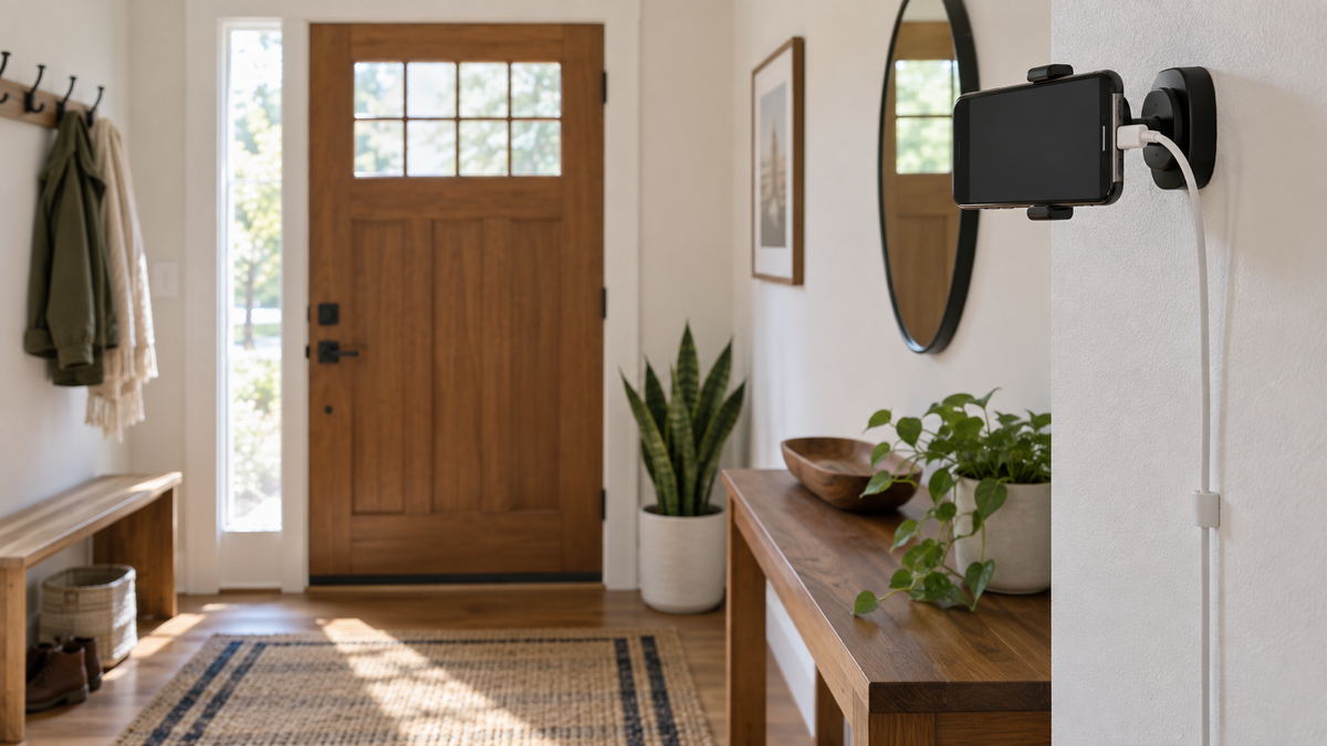 Unbranded smartphone mounted visibly as a security camera in a tidy indoor entryway