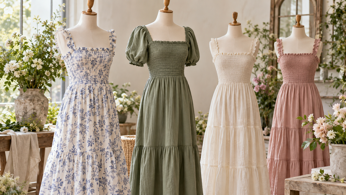Smocked dress with elastic bodice and soft gathered fabric in natural light