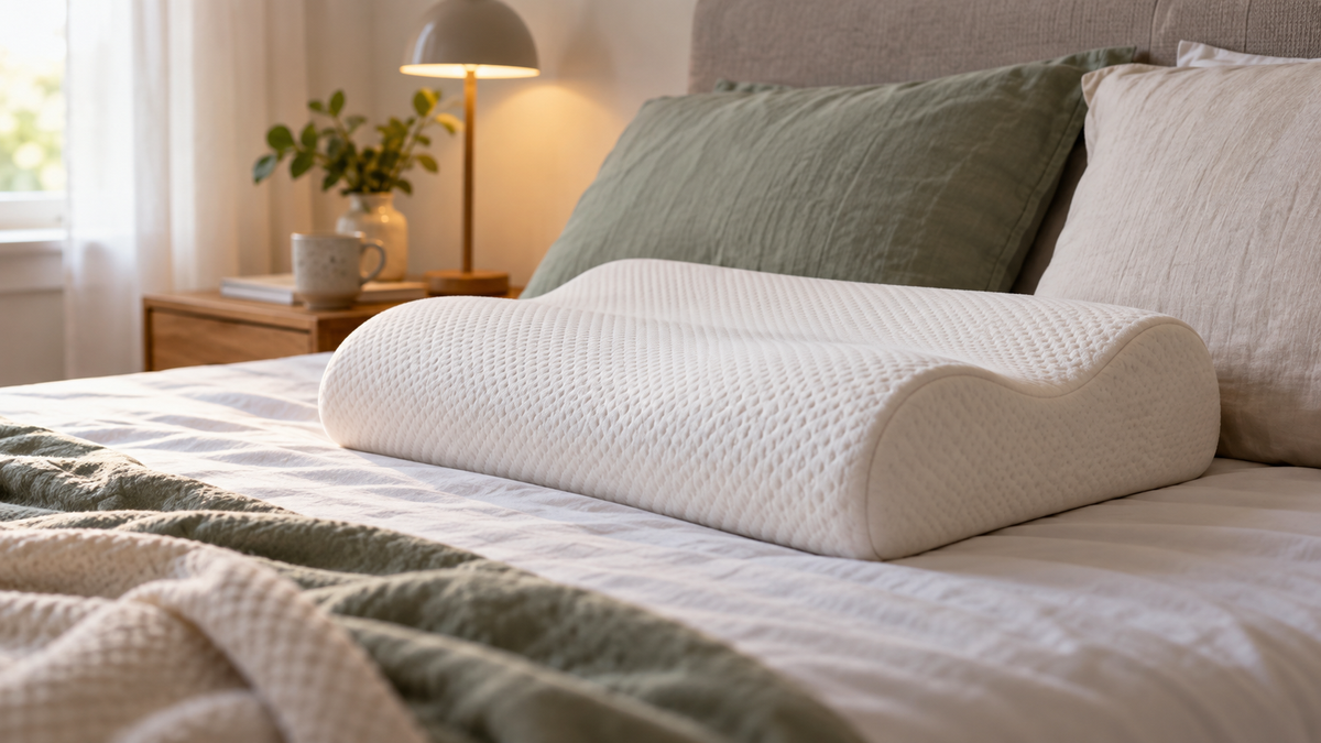 Soft contour pillow with a gently curved profile on a bed
