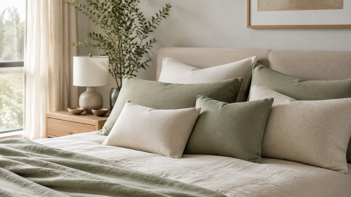 Plush soft foam pillows arranged on a calm modern bed