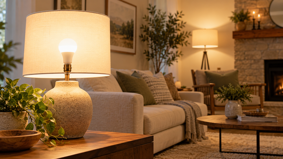 Unbranded soft white smart bulbs creating warm even light in a comfortable living room
