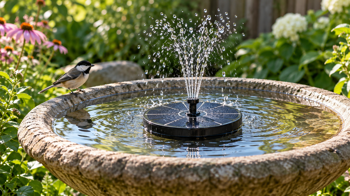 Solar fountain spraying water in a stone garden basin surrounded by flowers