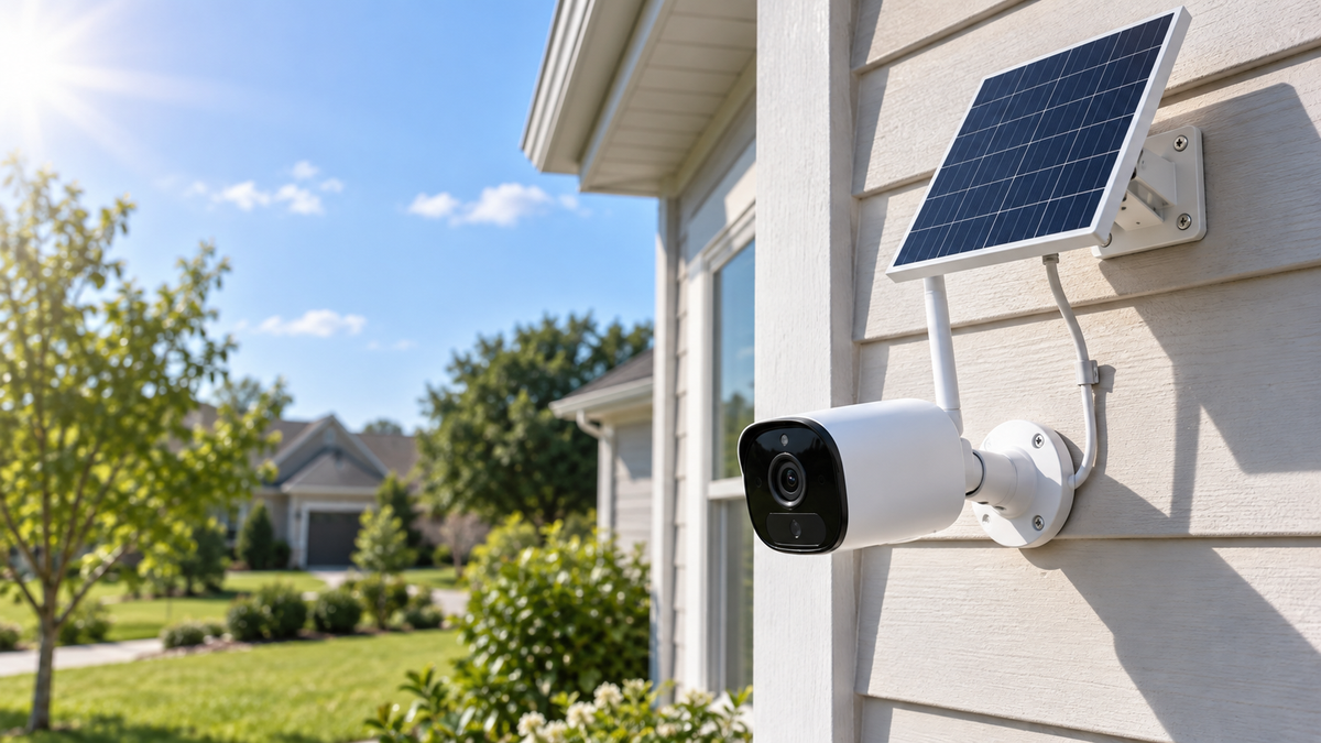 Solar powered WiFi bullet camera mounted visibly on a sunny house exterior
