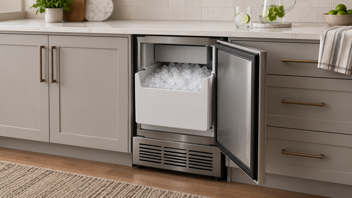 Under-counter ice maker with an open bin of soft pebble ice