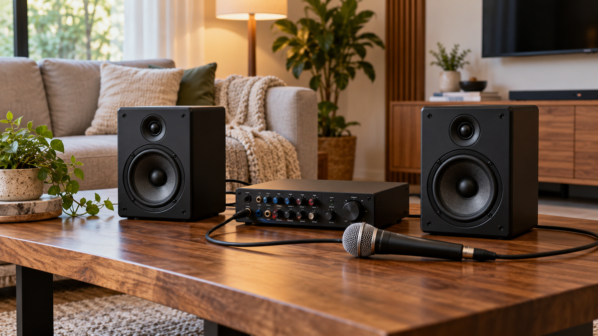 Unbranded home sound system with a handheld microphone arranged in a living room