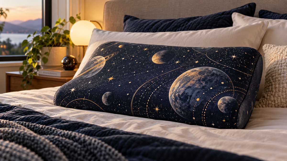 Unbranded space themed memory foam pillow on a neatly styled bed without text or logos
