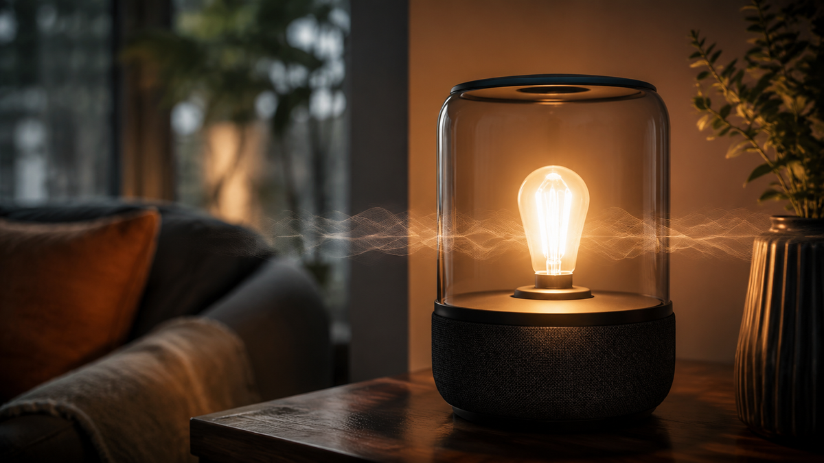 Speaker light bulb glowing inside a modern lamp