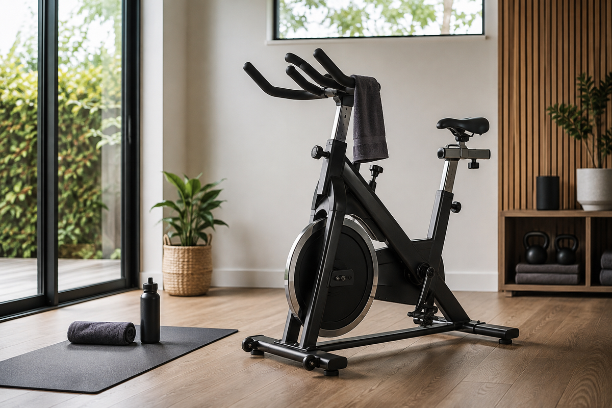 Generic indoor spin bike in a bright uncluttered home training studio