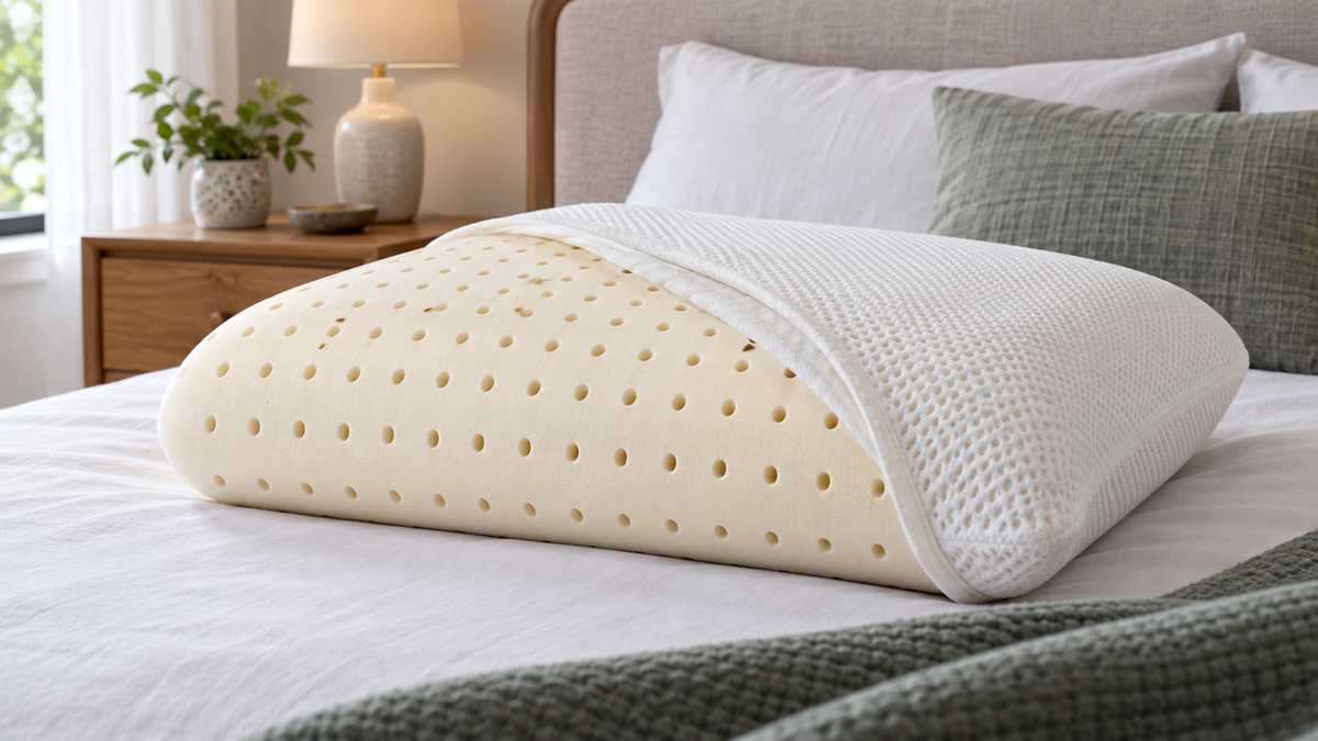 Unbranded perforated sponge foam pillow showing ventilation holes and a breathable cover