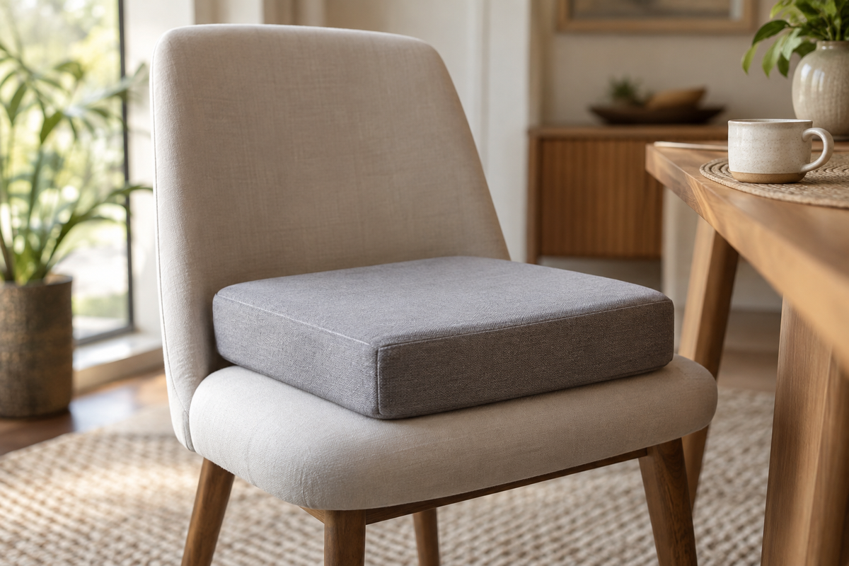 Unbranded square memory foam cushion on a simple upholstered chair