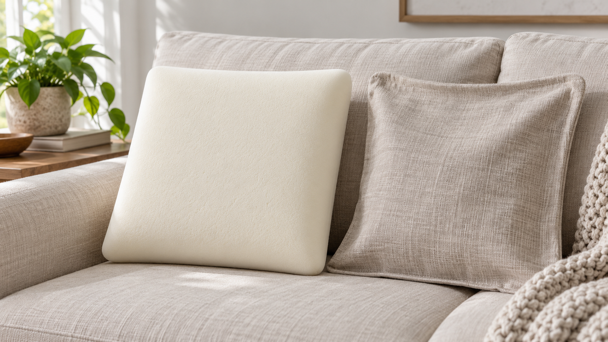 Square memory foam pillow and fitted cover on a neutral sofa