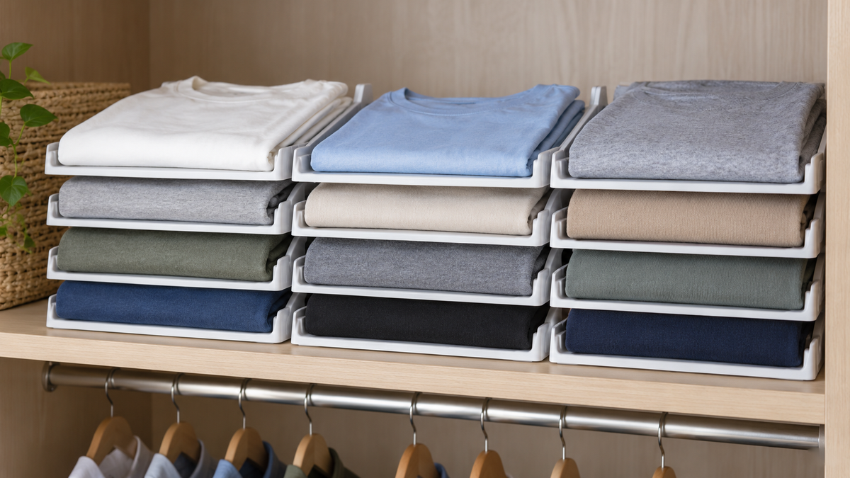 Folded shirts separated by stackable organizer boards on a closet shelf