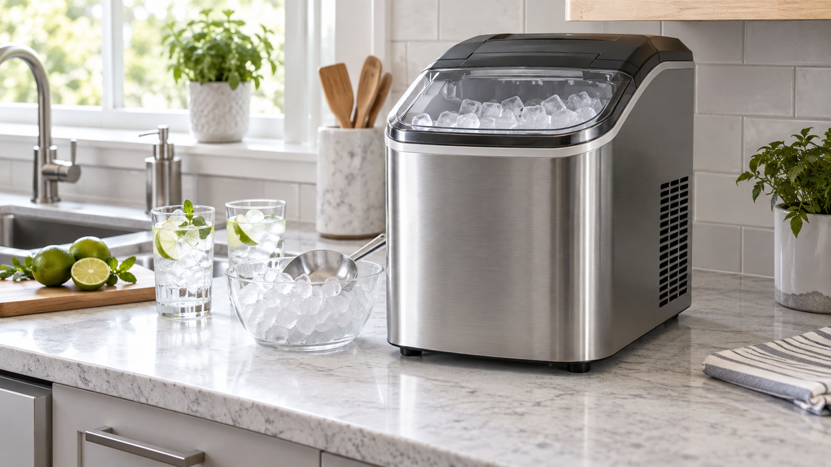Editorial illustration for stainless steel countertop ice maker guide