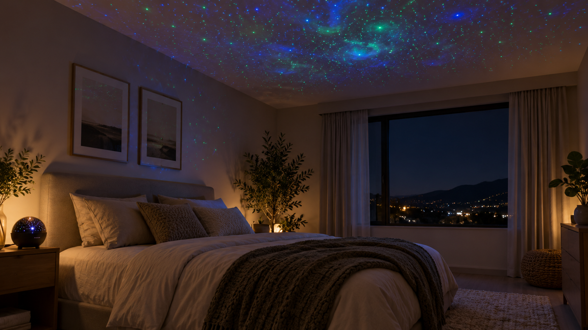 Unbranded star laser light projecting subtle points across a neutral room ceiling