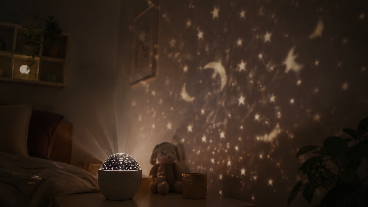 Generic star shower slide show projector illuminating a bedroom wall