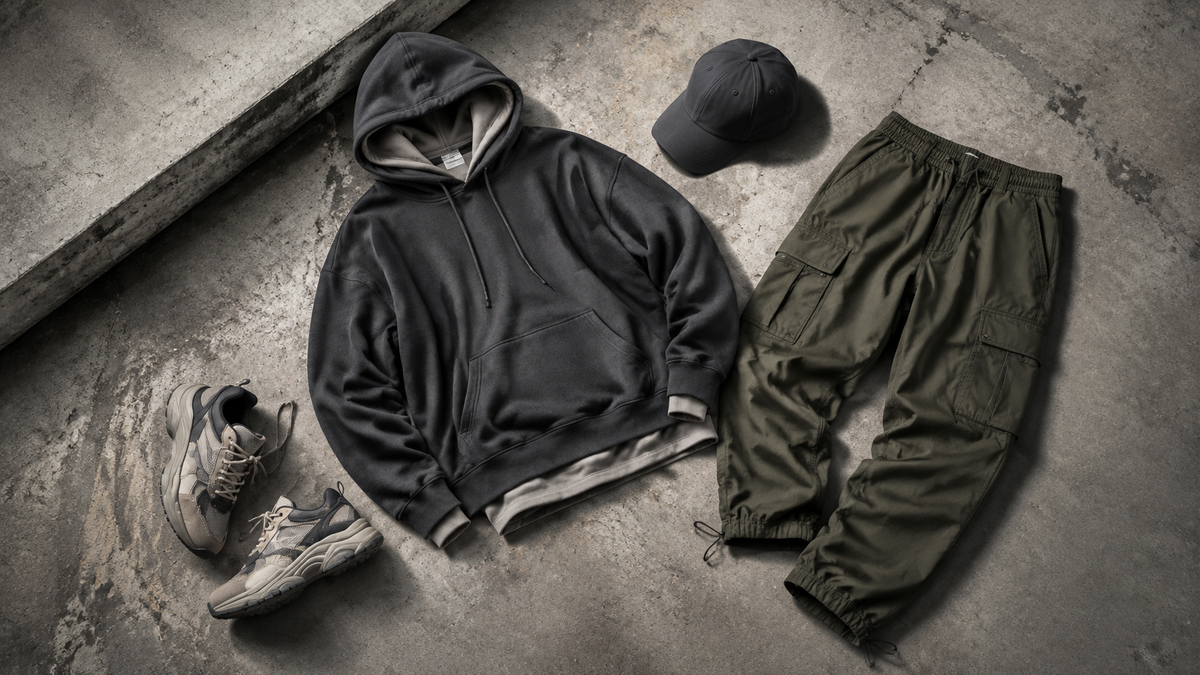 Modern unbranded streetwear clothing flat lay