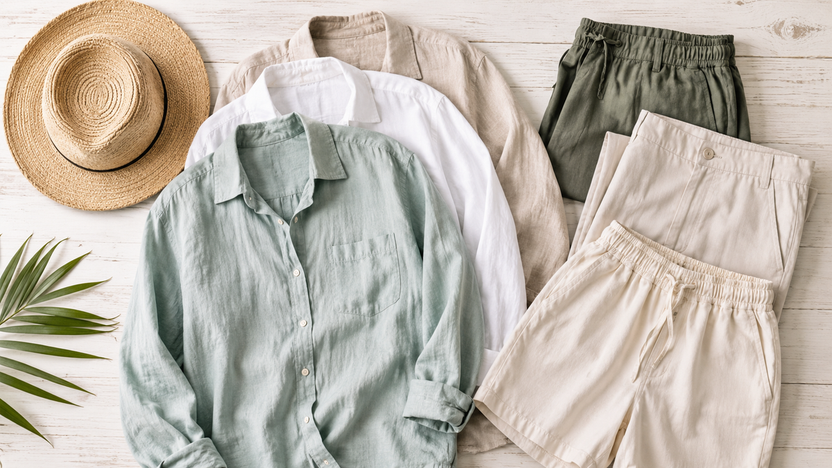Breathable summer clothes arranged in a bright wardrobe flat lay