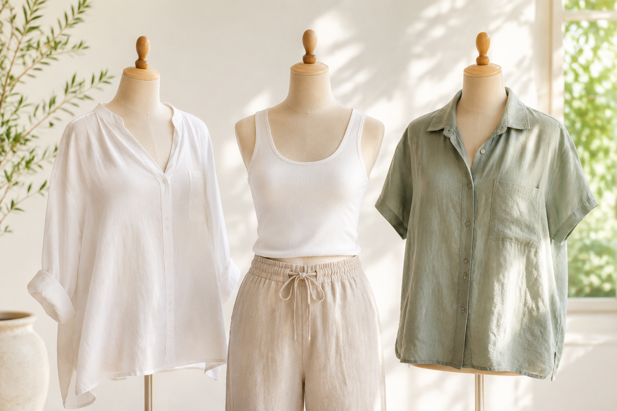 Breathable summer tops displayed on forms in a bright studio