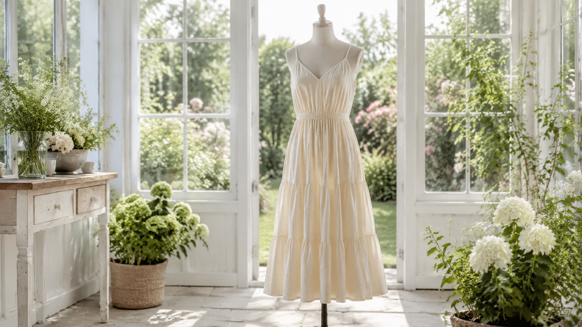 Women's sundress on a dress form in a sunlit garden room