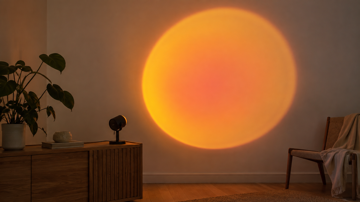 Unbranded sun-effect projection lamp casting a warm circular glow on a plain wall