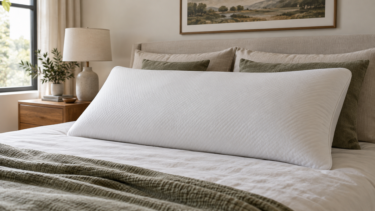 Large super king memory foam pillow with removable cover on a spacious neutral bed