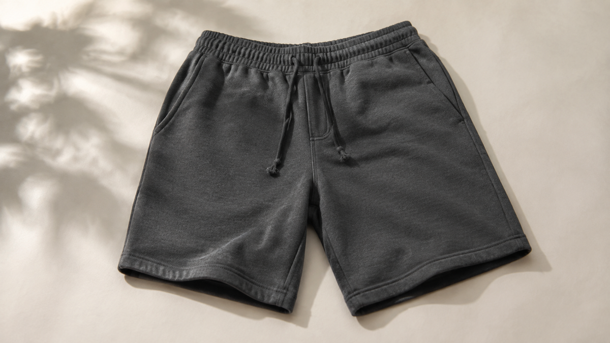 Charcoal sweat shorts with elastic drawstring waist on a neutral studio surface