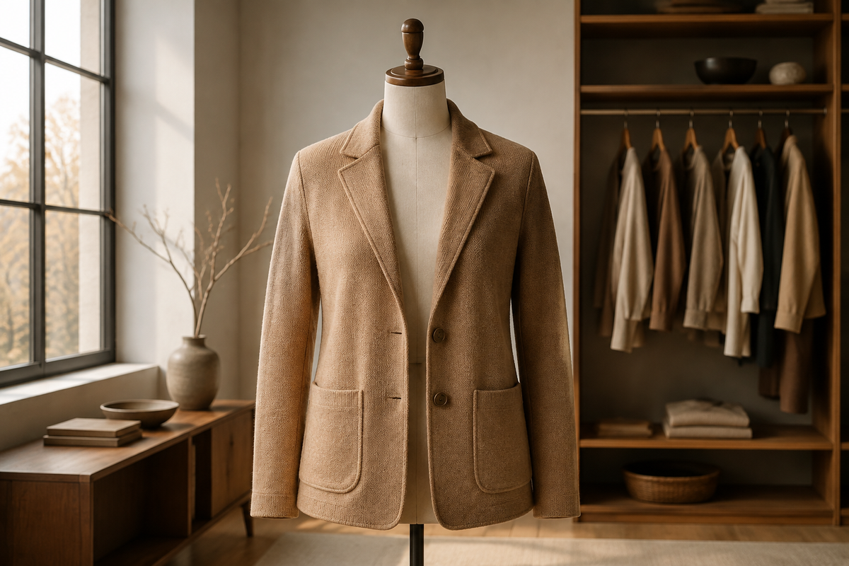 Camel sweater blazer showing knit texture, lapels and patch pockets on a dress form