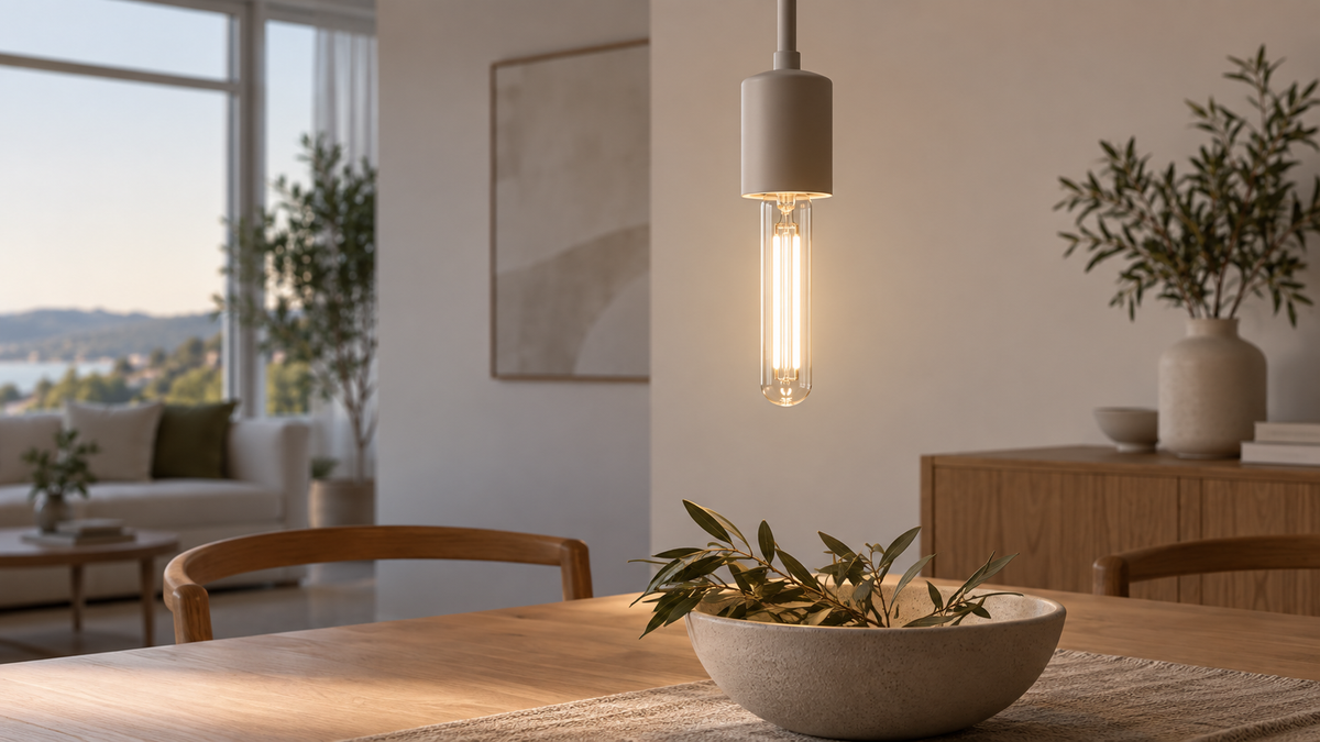 Unbranded tubular T10 smart LED bulb glowing in a minimal pendant fixture