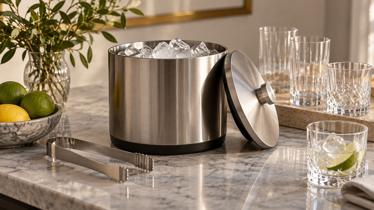 Unbranded insulated table top ice holder with lid and serving tongs on a clean beverage station
