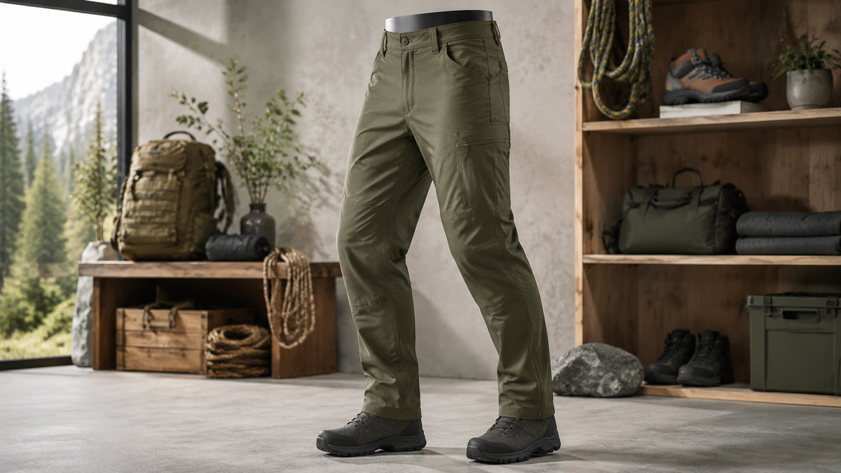 Olive tactical pants with reinforced knees and utility pockets on a display form