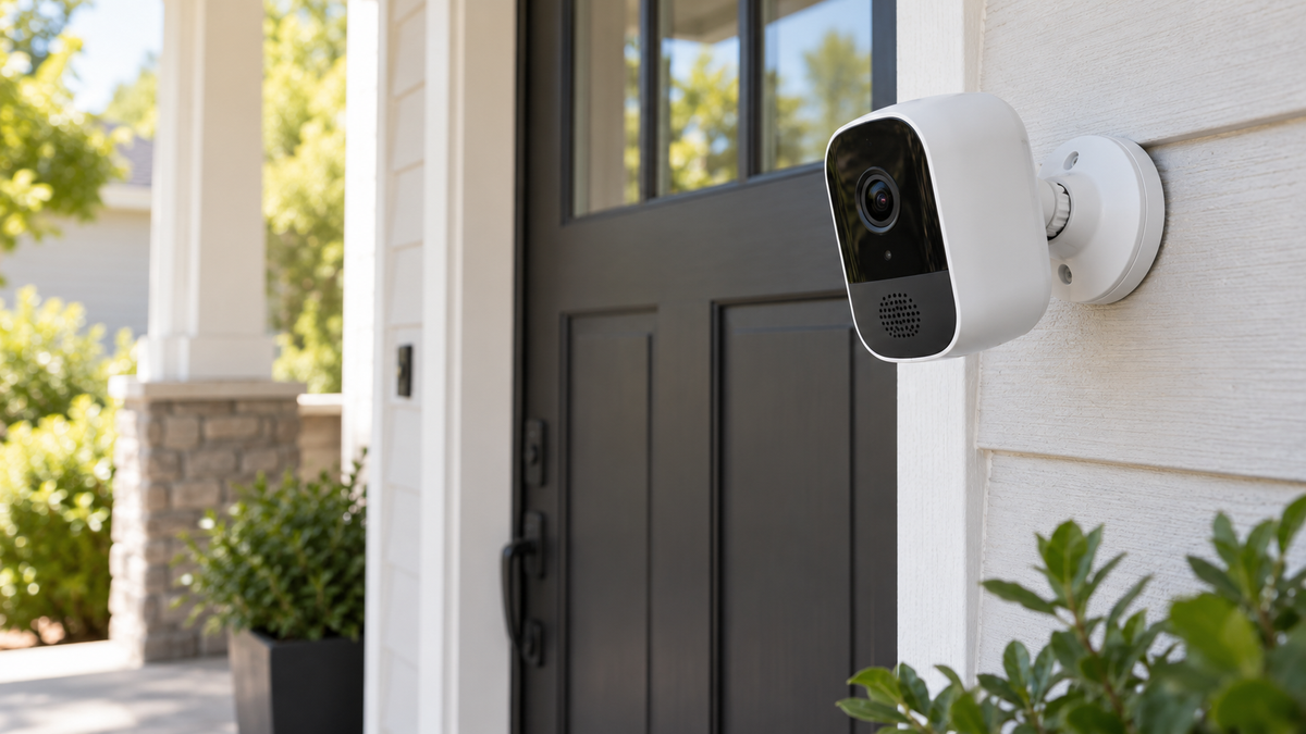 Two-way audio security camera mounted beside a home entrance