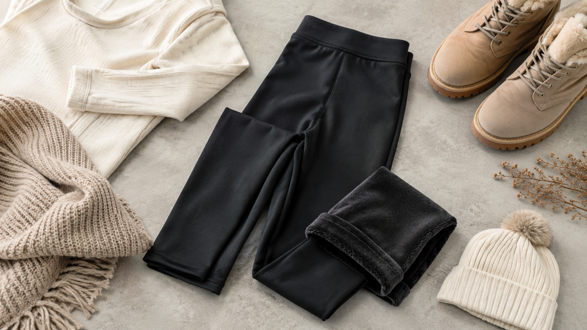 Black thermal leggings with soft lining and winter layers