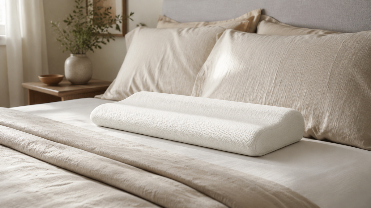 Thin low-profile memory foam pillow on neutral bedding