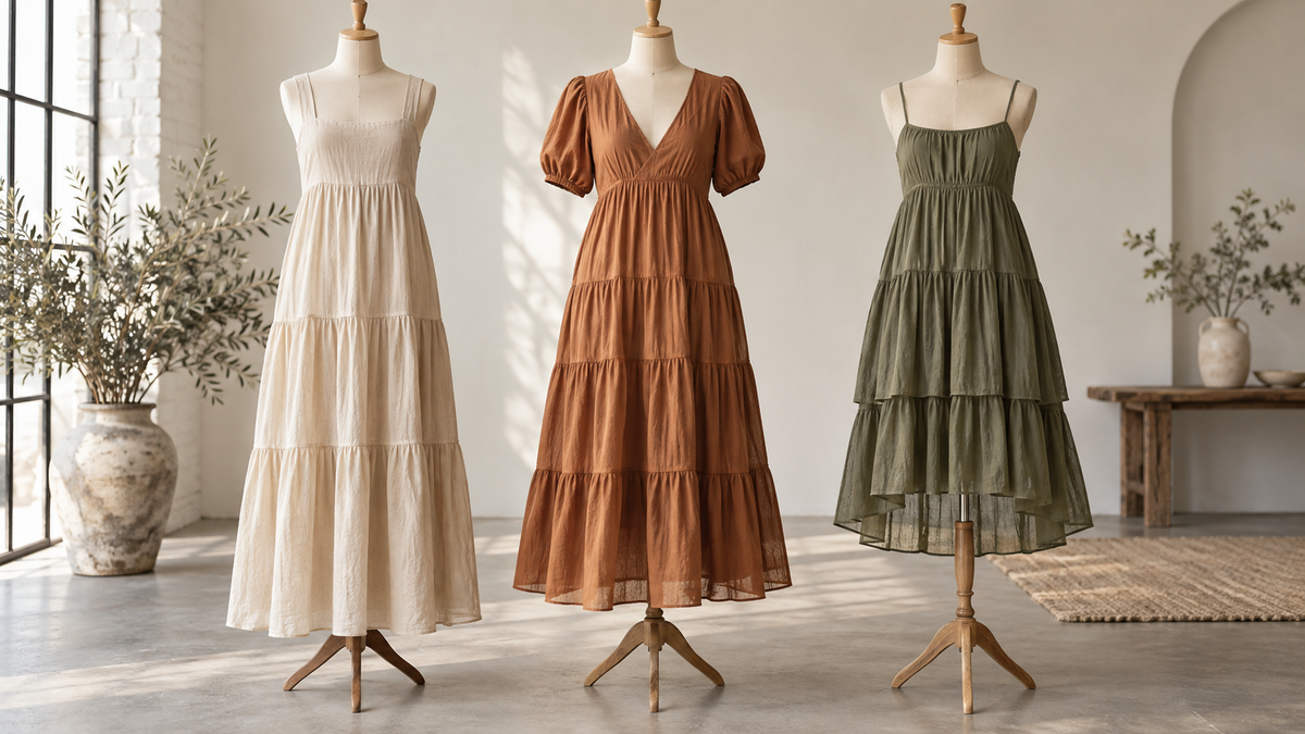 Flowing tiered dress with visible gathered layers in a refined studio setting