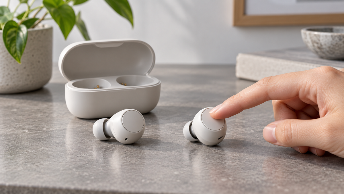 Hand using touch controls on generic wireless earbuds