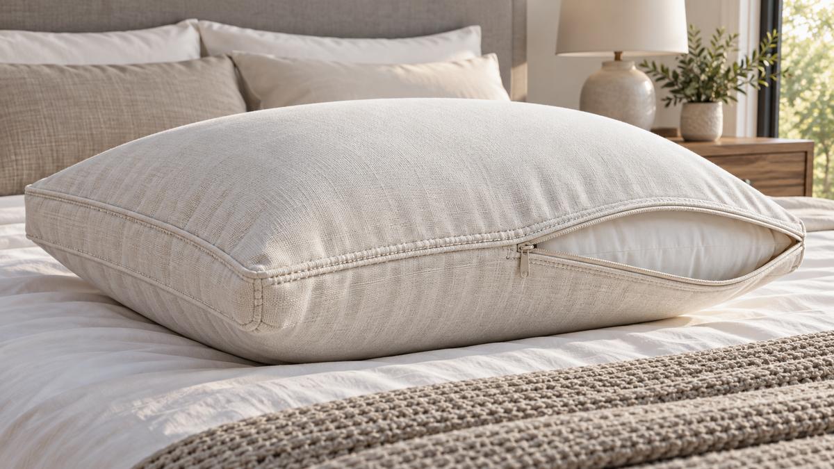 Unbranded durable pillow with reinforced seams and a removable neutral cover on a neatly made bed
