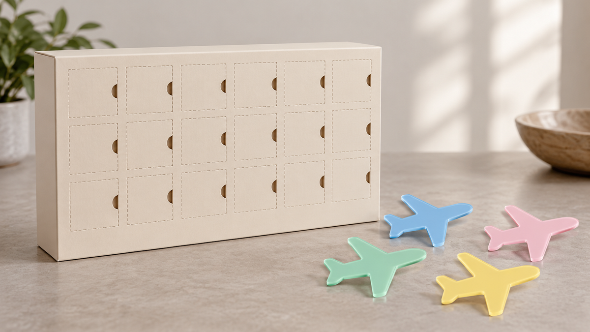 Plain countdown calendar beside four pastel flat acrylic airplane shapes