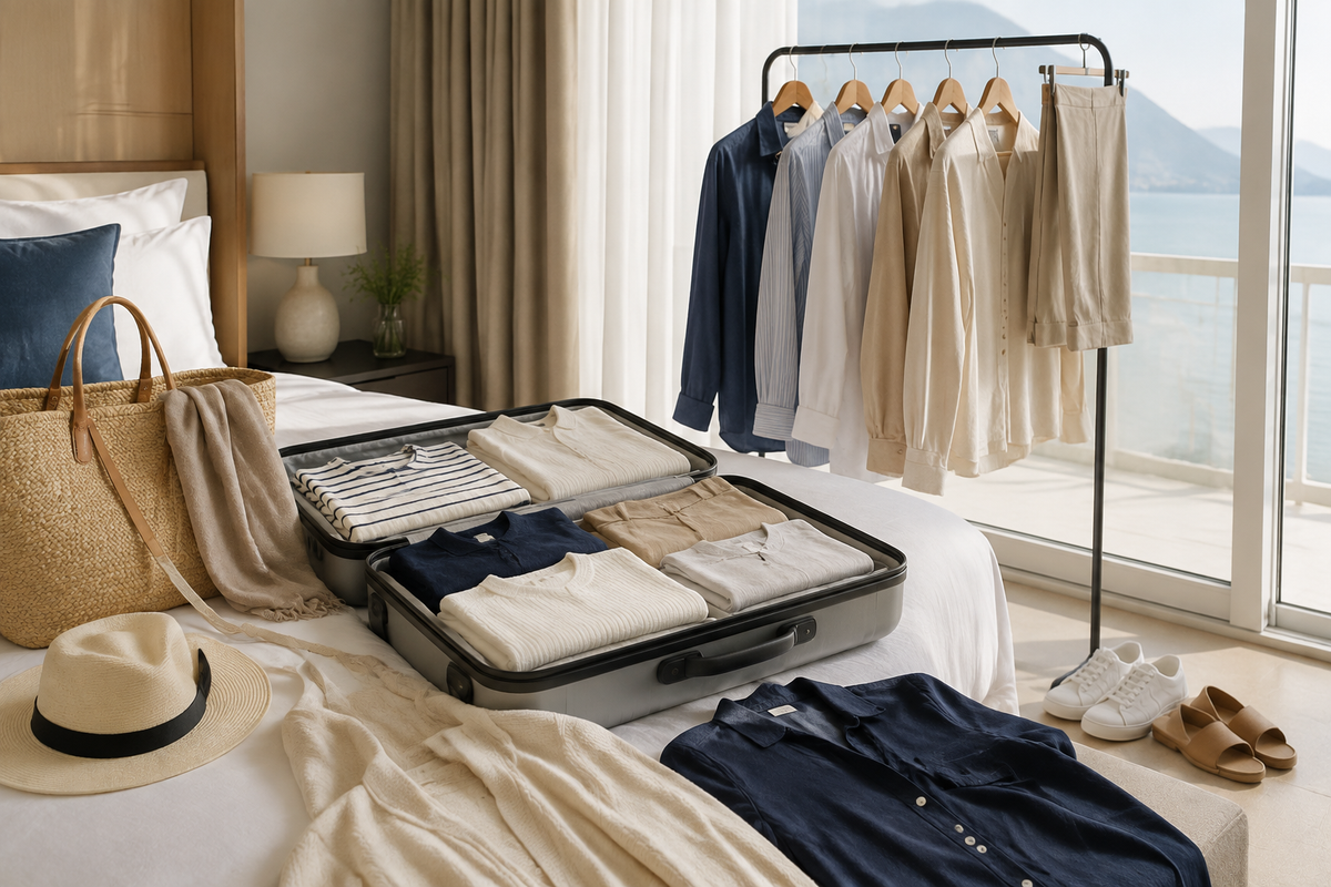 Women's travel capsule wardrobe arranged in an open suitcase and on a clothing rack