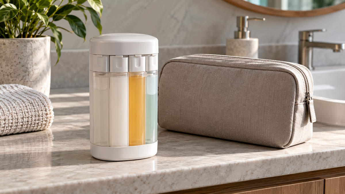 Four-chamber refillable travel dispenser beside a plain toiletry pouch